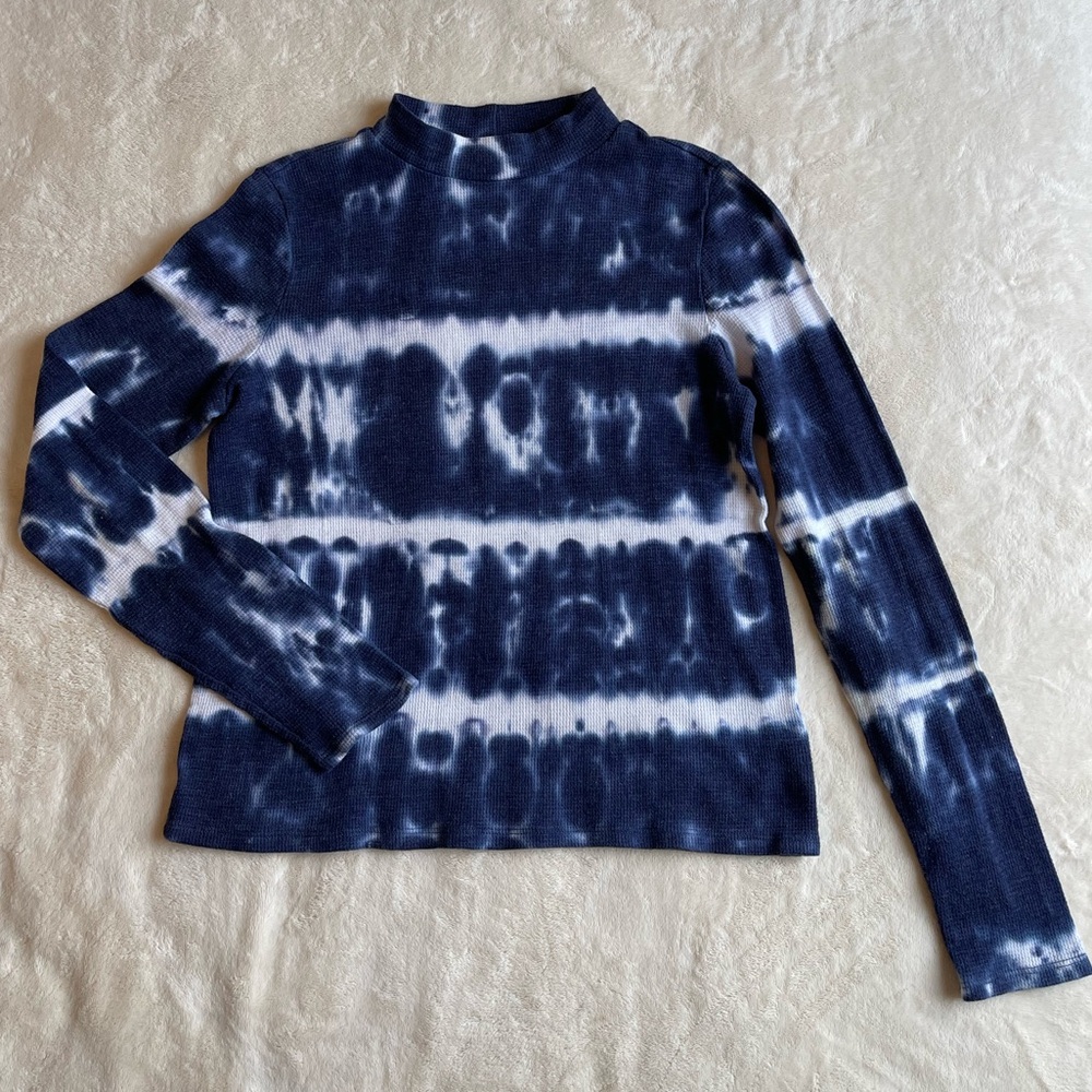 American Eagle Coastal Blue White Tie Dye Waffle Knit  Neck Thermal Top M